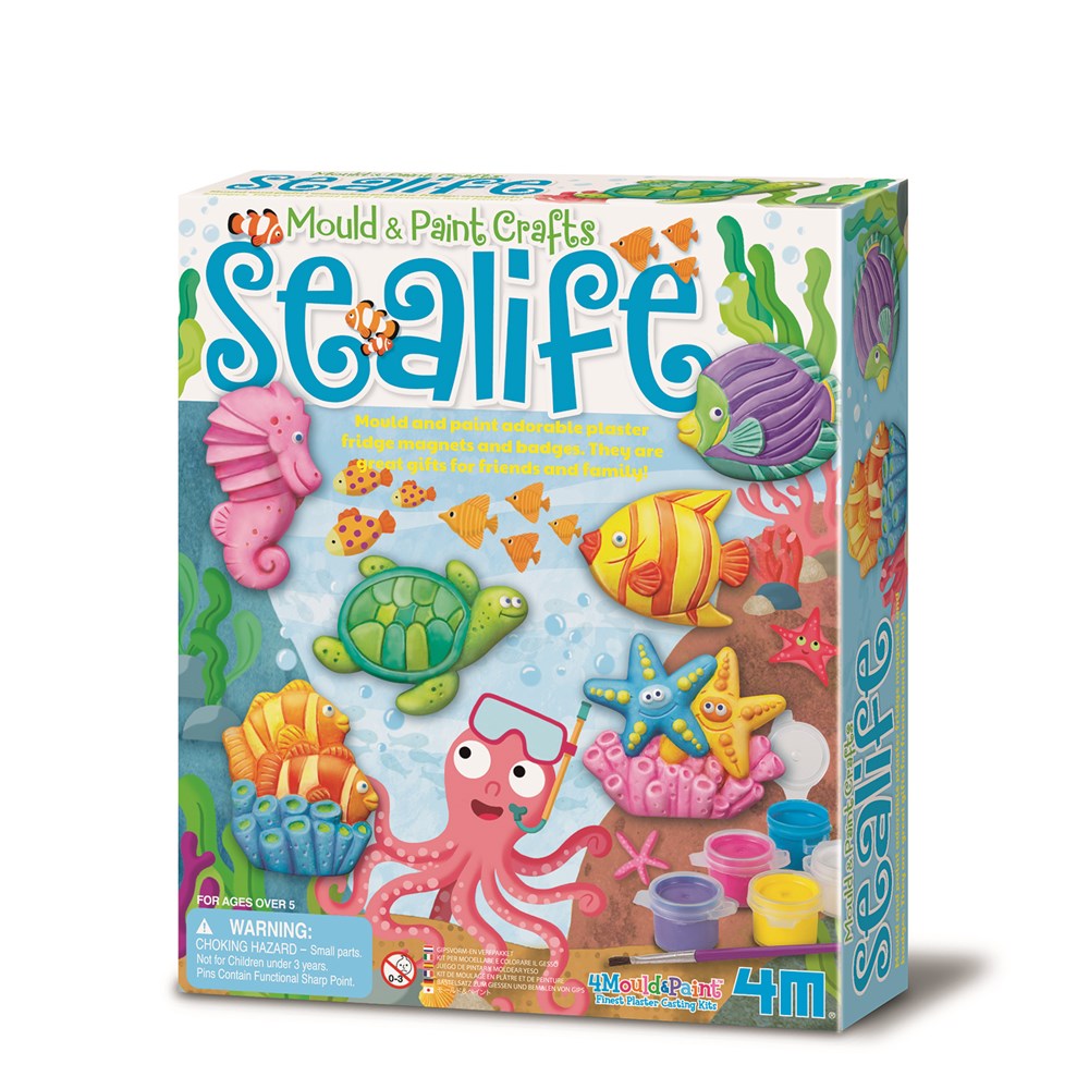 4M – Kit Moulage Et Peinture Sealife – 13 Pièces – 6 Moules, Plâtre, Peintures, Aimants, épingles – Fabrique 12 Badges Ou Aimants – Dès 5 Ans